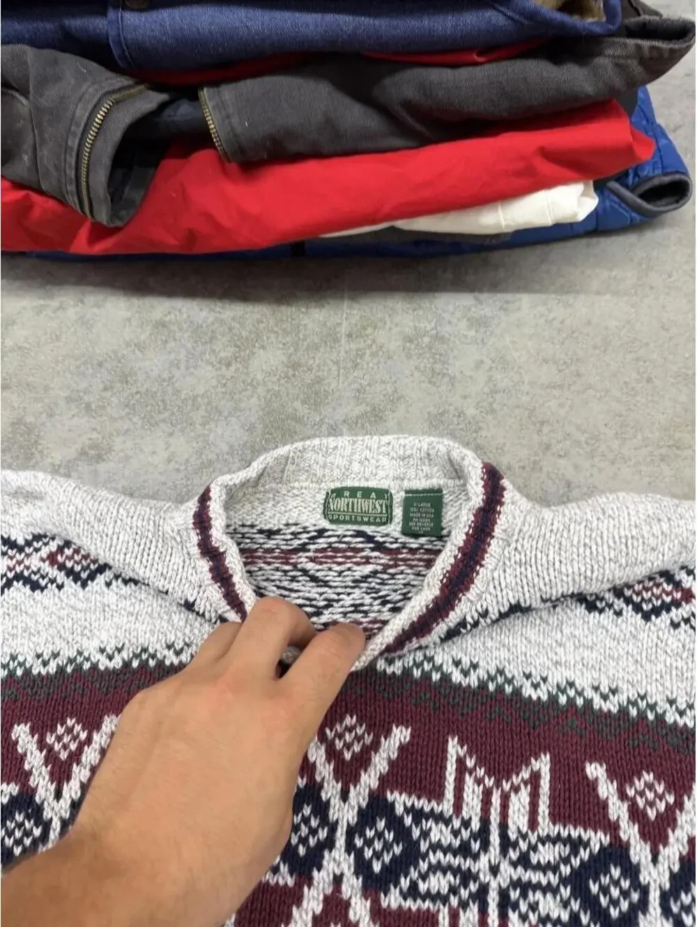 vintage great northwest sportswear made in usa grey red snowflake knit sweater